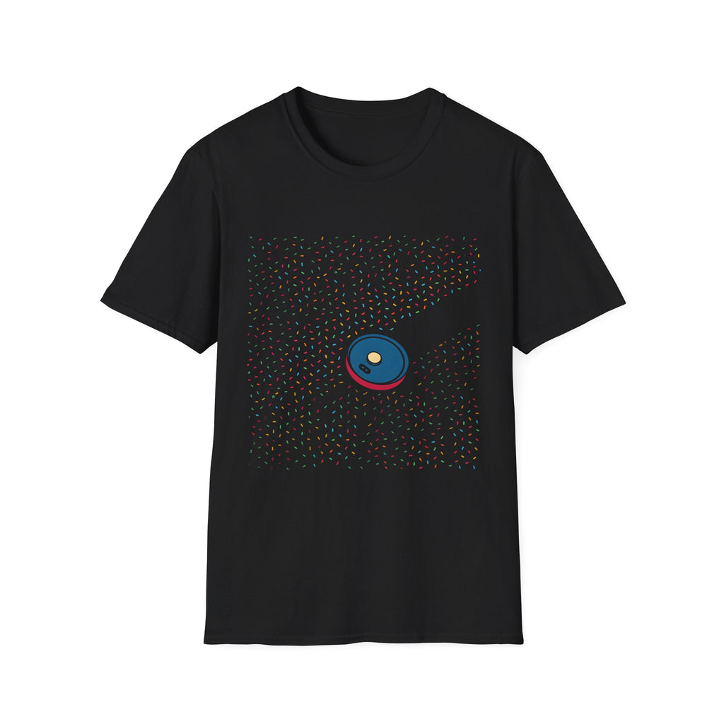 Robot Vacuum Sprinkles Unisex Softstyle T-Shirt with Colorful Dot Pattern