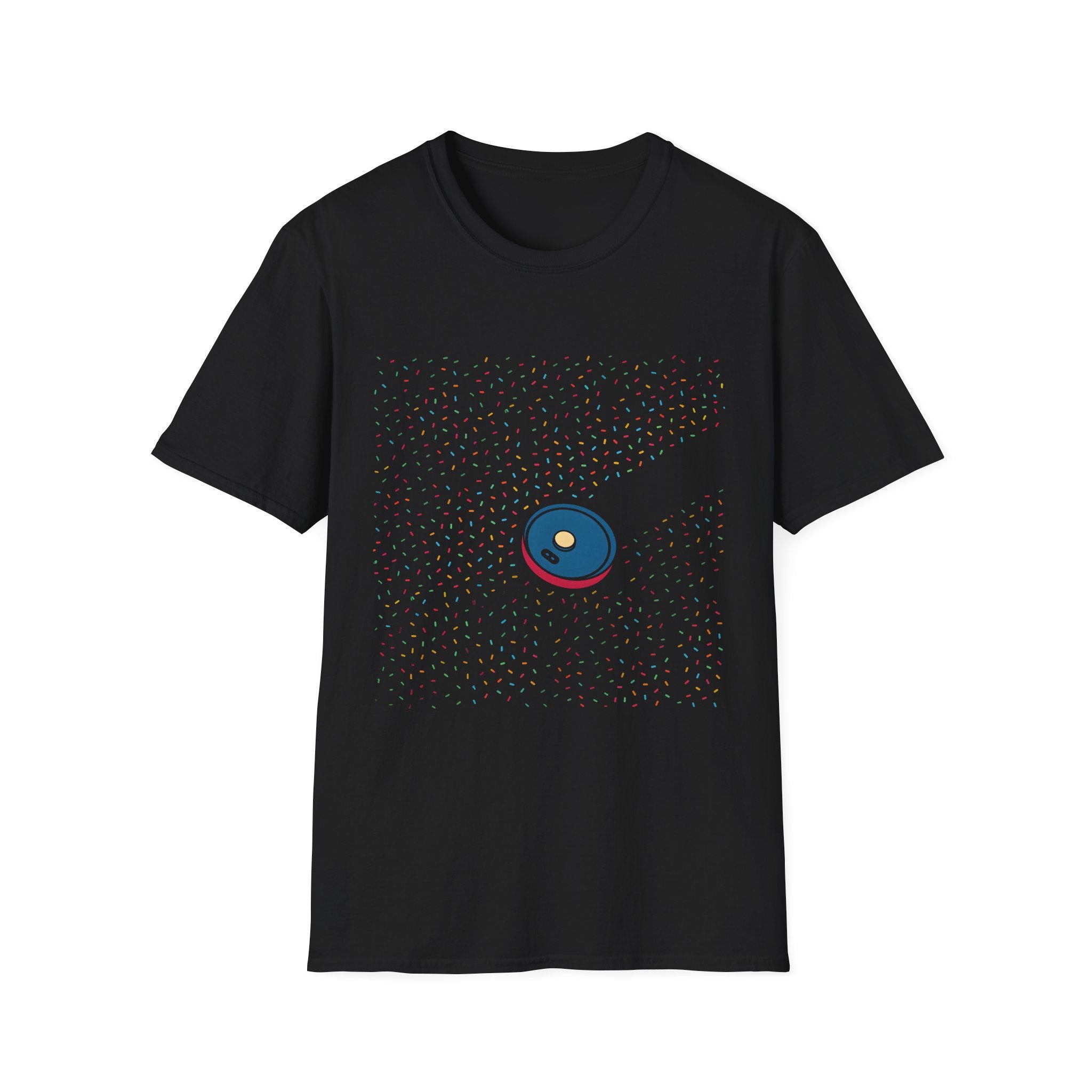Robot Vacuum Sprinkles Unisex Softstyle T-Shirt with Colorful Dot Pattern